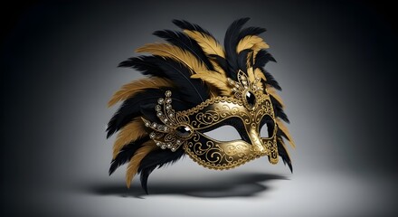 Elegant Venetian Masquerade Mask with Black Gold Feathers