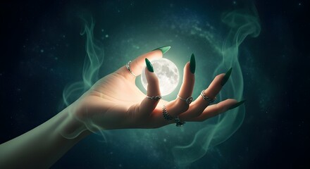 Mystical Hand Holding Glowing Moon Orb Surrounded by Magical Smoke in a Starry Night Sky