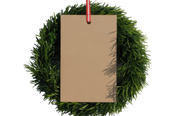 Blank brown paper tag with a festive red and white ribbon, nestled inside a green pine wreath, ready for custom text. background removed