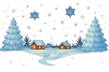 winter landscape with christmas tree - Winter scene with glowing cabins, snowy pine trees, and festive stars—transparent background for holiday design, seasonal greeting cards, and cozy winter project
