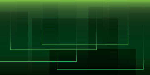 Modern abstract background with layered green rectangles transparent shapes and luminous outlines.
