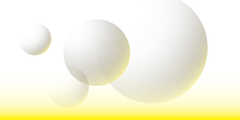 Three smooth white spheres floating in a bright luminous space.