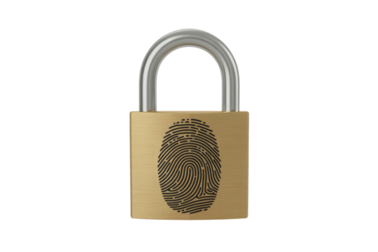 A golden padlock secured with a unique black fingerprint for biometric authentication. Symbolizes digital security, privacy, and personal data protection. background removed