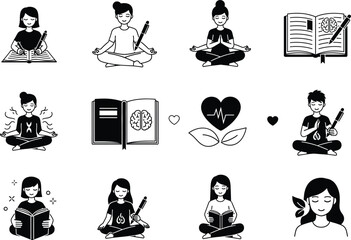 Mental Health Self Care Routines Journaling and Breathing Vector Icon Collection