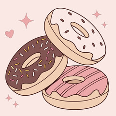Three colorful illustrated donuts stacked: top with white icing and black sprinkles, middle with chocolate icing and multicolored sprinkles, bottom with pink icing and diagonal stripes.