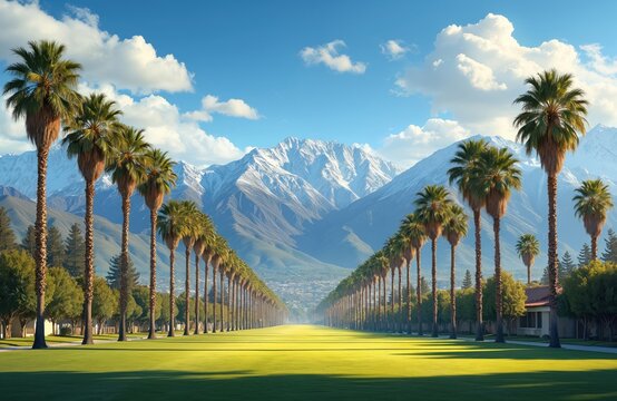 Rich view of Rancho Cucamonga with palm trees, San Gabriel Mountains. Green grass extends toward horizon. Blue sky, clouds offer contrast to mountain scenery, palm tree avenue. Scenic panorama evokes
