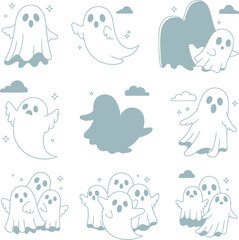 Obraz premium Collection of cute ghost silhouettes with clouds and sparkles cartoon Halloween