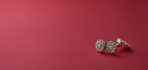 Elegant gold cufflinks adorned with clear sparkling diamonds set against a deep red textured background