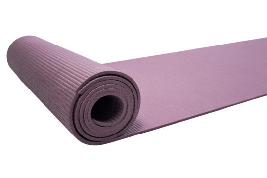A partially unrolled purple yoga mat with a ribbed texture, ready for exercise or meditation, isolated on a deep transparent background. background removed