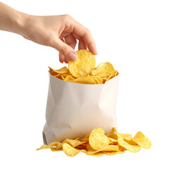 Cartoon vector PNG of a hand reaching into a chips bag, perfect for snack time visuals, fast food ads, casual eating illustrations, and fun food packaging designs