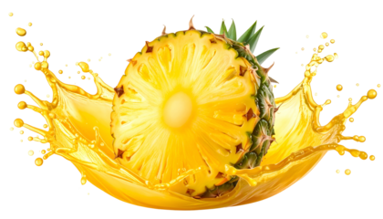 A halved pineapple with vibrant yellow juice splashing outward against a black background