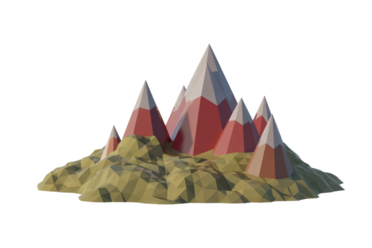 Low-poly 3D render of a mountain range featuring red and snow-capped peaks atop a textured brown base, isolated. background removed - Powered by Adobe