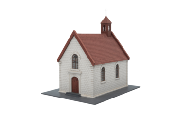 A detailed miniature model of a quaint white brick church with a red tiled roof, bell tower, and cross on a transparent background. background removed