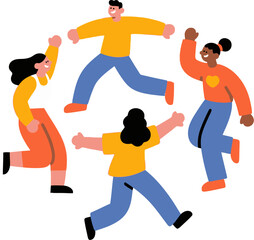 Flat illustration design of 4 male and female characters of various races dancing.