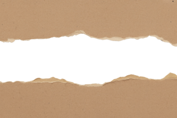 Rustic torn brown kraft paper frames a solid transparent background, creating a textured opening. Perfect for text or design elements. background removed