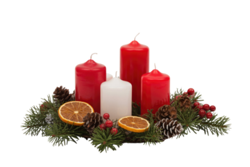 A festive Advent wreath featuring three red candles and one white, surrounded by pine, pinecones, berries, and dried oranges. background removed