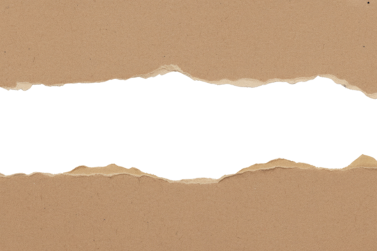 Rustic torn brown kraft paper frames a solid transparent background, creating a textured opening. Perfect for text or design elements. background removed