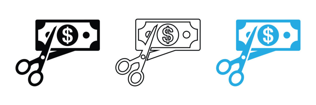 Visually communicate financial strategies with this striking icon of scissors cutting a dollar bill. Ideal for conveying cost savings, budget cuts, and financial planning concepts.
