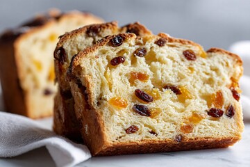 Close-up of a slice of panettone with raisins and candied fruits