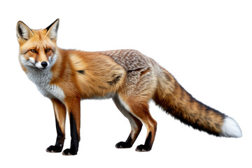 Fototapeta premium A magnificent red fox stands, displaying its iconic orange-red fur, white chest, and black paws, against a plain green backdrop. background removed