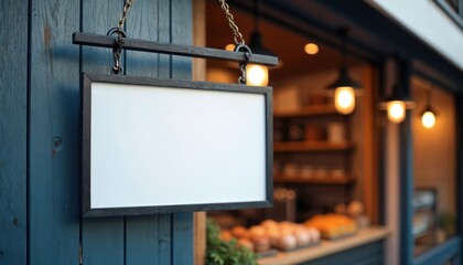 Blank rectangular sign hangs outside a shop on a rustic wooden wall. Warm lights glow from inside the building, highlighting goods on shelves. Offers a cozy street atmosphere for business branding.