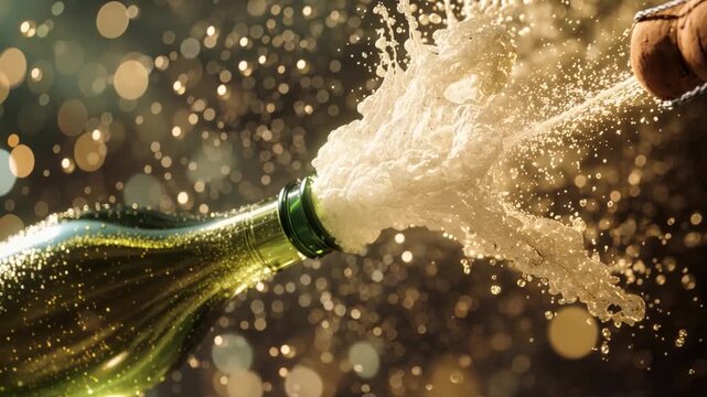 Champagne bottle popping with cork and sparkling spray, festive celebration concept with golden glittering bokeh background.	