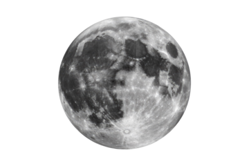 A detailed, close-up view of the full moon showcasing its heavily cratered surface and distinct lunar features against a solid background. background removed