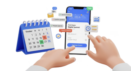 Hands booking appointment online using mobile phone with calendar and tickets floating around