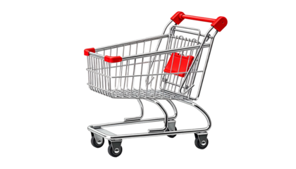 Rendered shopping cart with chrome frame, red accents, and four wheels on a black background