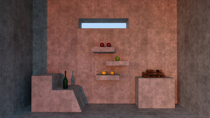 Objects on shelves and cement supports