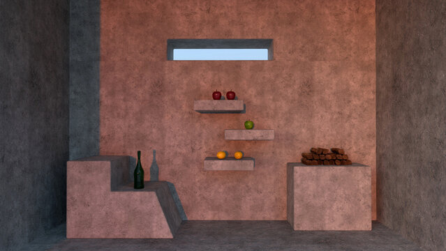 Objects on shelves and cement supports