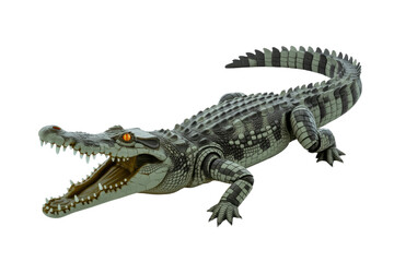 Fototapeta premium A realistic crocodile with its mouth wide open, sharp teeth, and striking orange eyes, against a solid transparent background. background removed