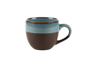 A stylish two-tone ceramic mug featuring a rich brown base and a serene blue glazed upper with a subtle darker rim and handle. background removed