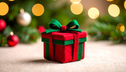 赤と緑のフェルトで作られたクリスマスプレゼントボックス。背景には暖かいボケが広がり、クリスマスの喜びや贈り物の楽しさを伝える冬のイメージ。