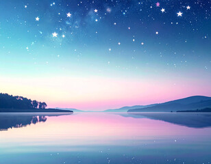 夜明けの静かな湖に、星々が水面に映る幻想的な風景。パステルブルーとピンクのグラデーションが美しく広がり、夢と希望を感じるファンタジックな自然風景イラスト。