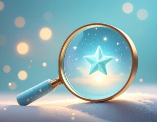 青い空の下で輝く星を拡大する、金縁のルーペと星の幻想的な構図。夢や発見、希望をテーマにしたメルヘンチックなイラスト風のイメージ。