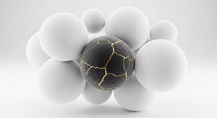 Black stem cell with golden cracks in white cluster - Kintsugi style cell differentiation concept - Regenerative medicine illustration showing cellular transformation