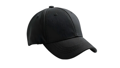 Fototapeta premium A black baseball cap, isolated on a black background, presented in a three-quarter angle