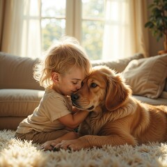 Young child and golden retriever tender bonding conveying comfort on a soft rug in a sunlit living room