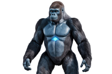 A bionic gorilla with blue skin, dark fur, and glowing chest emblem. Robotic hands complete this powerful, futuristic primate's imposing stance. background removed