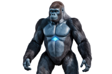 A bionic gorilla with blue skin, dark fur, and glowing chest emblem. Robotic hands complete this powerful, futuristic primate's imposing stance. background removed