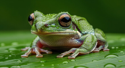 Fototapeta premium A green tree frog sits on a leaf, with water droplets visible on its skin and the leaf's surface.