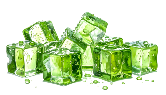 Rendered illustration of a pile of vibrant green, translucent ice cubes