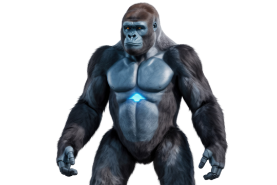 A bionic gorilla with blue skin, dark fur, and glowing chest emblem. Robotic hands complete this powerful, futuristic primate's imposing stance. background removed