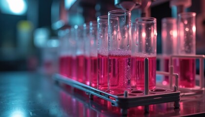 Scientific lab setting with test tubes filled pink liquid. Biotechnology research involves advanced equipment in modern lab for chemical analysis. Experimentation highlights innovative discoveries,