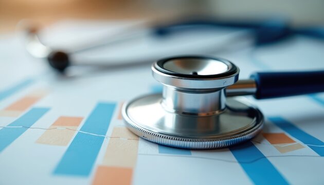 Stethoscope lies on a document with charts and graphs representing health care financial data. Focus is on medical analysis and cost management research for wellness.