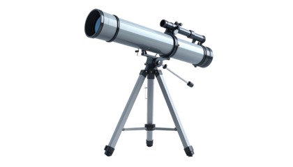 Metallic telescope with a smaller scope on a tripod, set against a black background