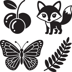 Fototapeta premium Cute Vector Graphics of a Fox, Butterfly, Cherries, and Plant