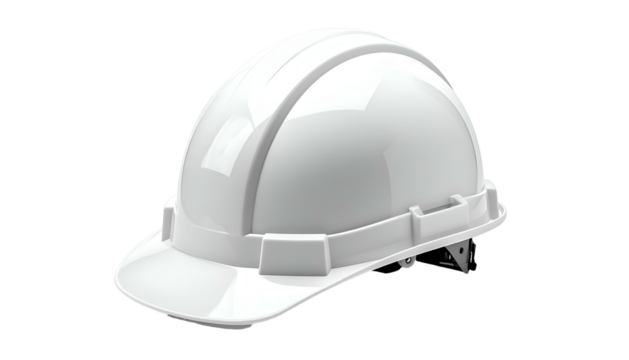 A bright white hard hat, with brim and suspension, isolated on a black background