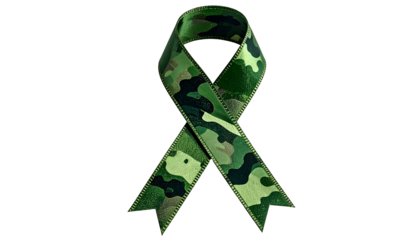 A digitally rendered awareness ribbon with a green camouflage pattern on a black background